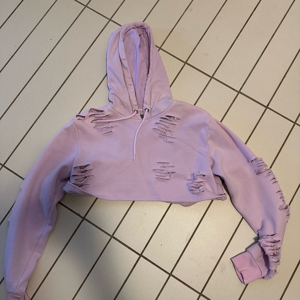 Lavender Distressed Cropped Hoodie